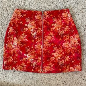 Red oriental print mini skirt